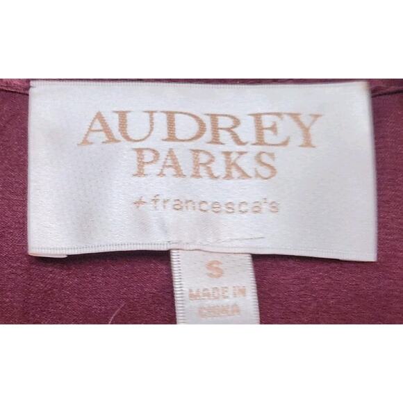 Audrey Parks Francesca’s Wrap Dress S Wrap Burgundy Ruffle Satin Flutter - Picture 3 of 7